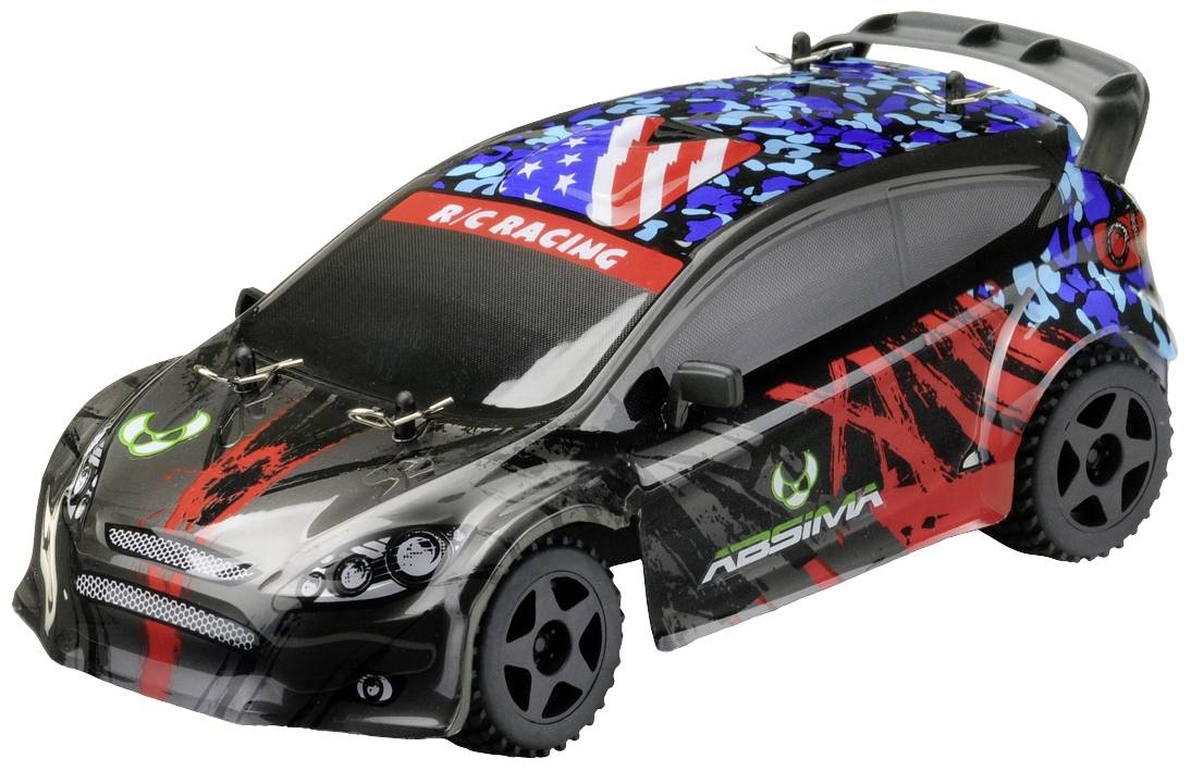 Spielzeugauto im Rennsportdesign mit schwarz-rotem Muster, blauen Akzenten und 'RC Racing' Text auf der Windschutzscheibe.