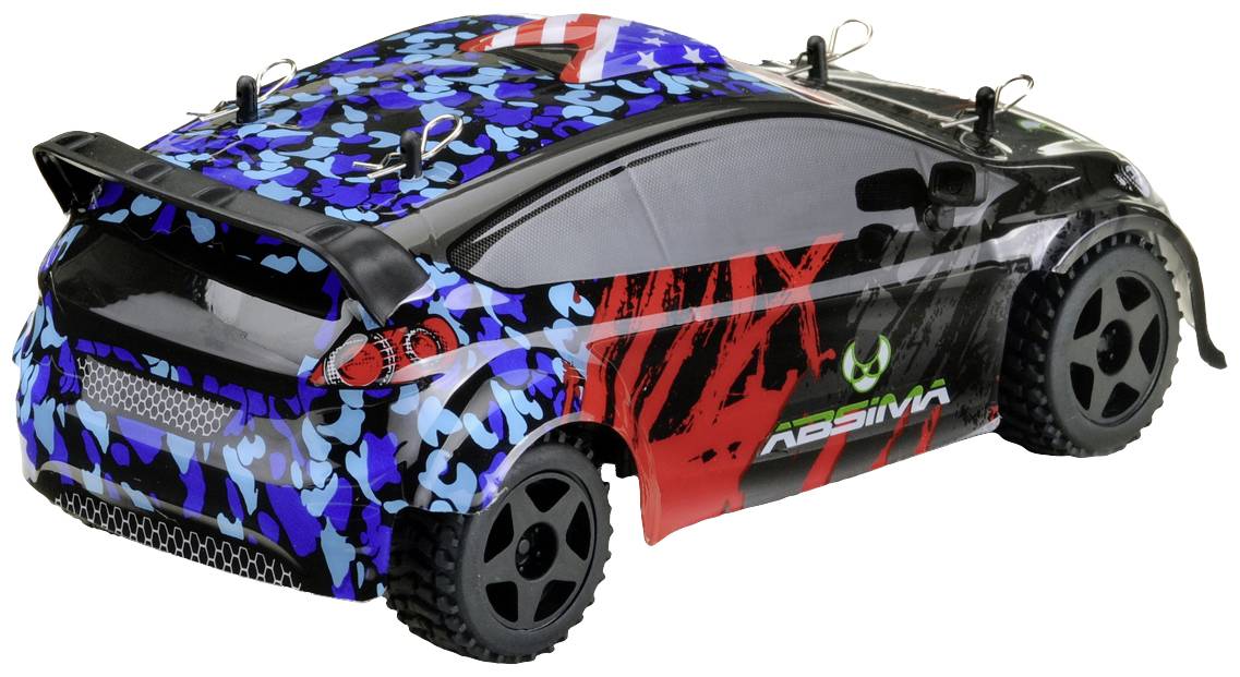 Ein buntes, ferngesteuertes Auto mit blauem, rotem und schwarz gemustertem Design steht seitlich, gezeigt in Nahaufnahme.