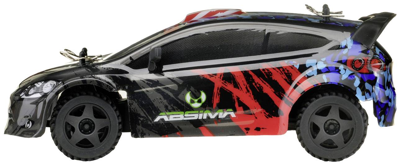 Ein ferngesteuertes Auto mit sportlichem Design, überwiegend schwarz mit roten und blauen Akzenten. Es hat große schwarze Räder.