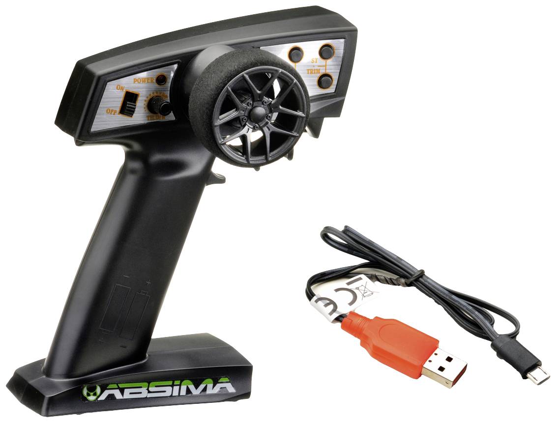 Funkfernsteuerung mit schwarzem Gehäuse, großem Drehknopf und USB-Ladekabel. Geeignet für RC-Fahrzeuge.