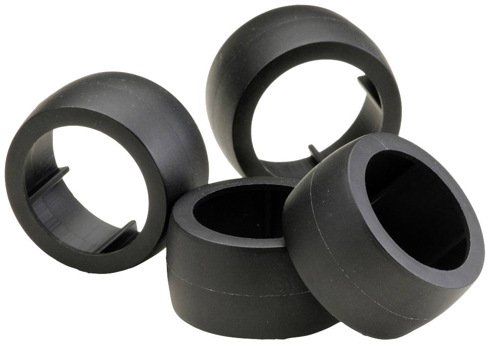 Vier schwarze, zylinderförmige Kunststoffrollen sind gestapelt. Sie wirken robust und scheinen Ersatzrollen für ein Gerät zu sein.