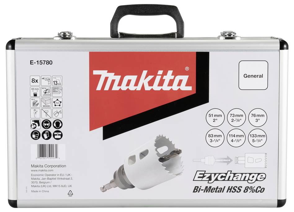 Ezychange Bi-Metall-HSS 8% Co Lochsägen-Set mit silbernem Koffer mit Makita-Branding, mit verschiedenen Lochsägengrößen von 19 mm bis 133 mm.