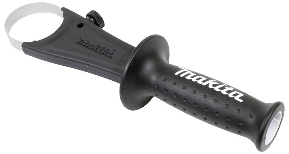 Schwarzer, ergonomischer Griff einer Elektrowerkzeughalterung mit Makita-Logo, vermutlich für eine Bohrmaschine oder einen Winkelschleifer.