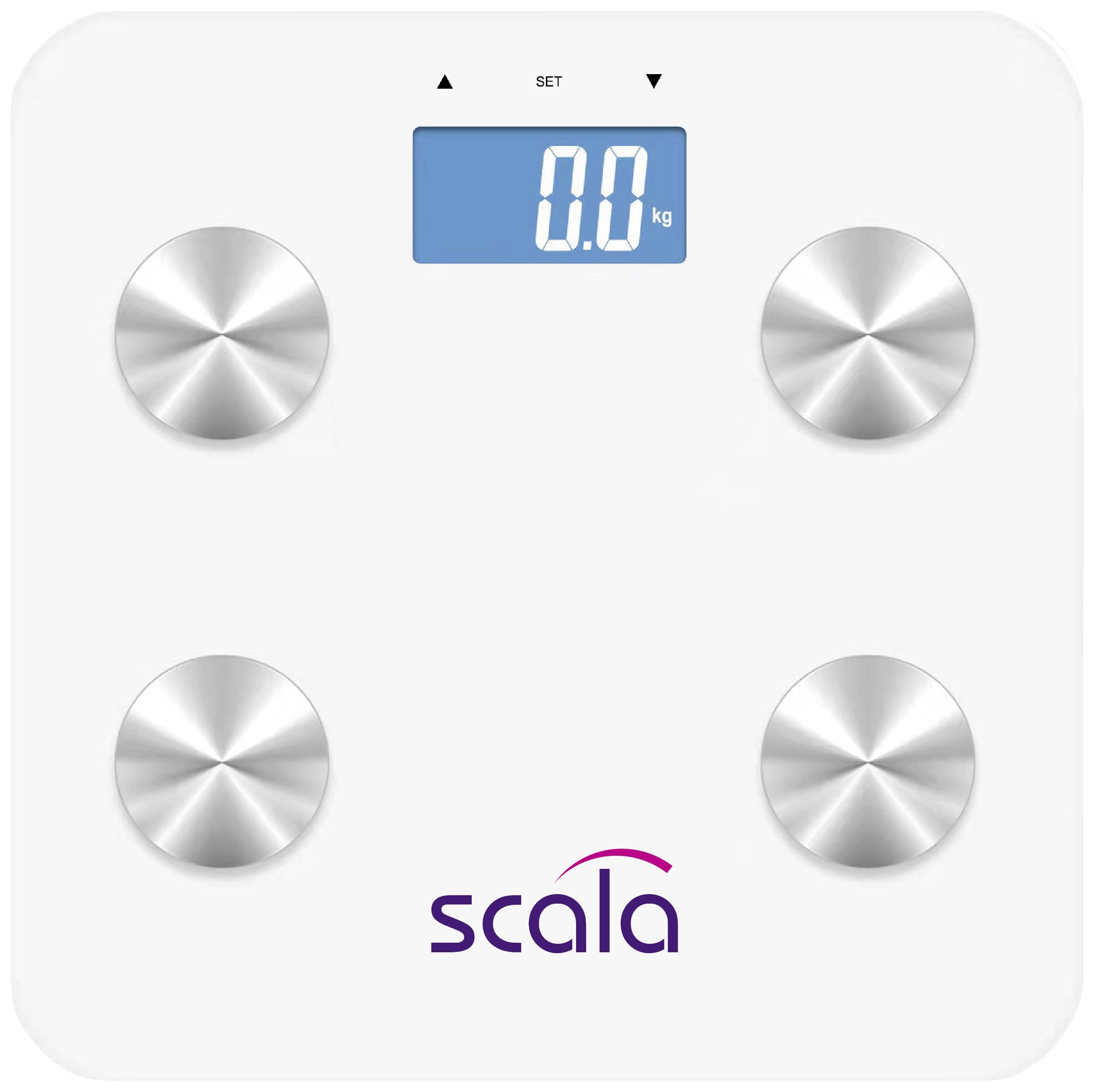 Digitale Personenwaage mit blauem Display, das '0.0 kg' anzeigt. Vier silberne Sensoren zur Gewichts- und Körperanalyse. Marke: Scala.