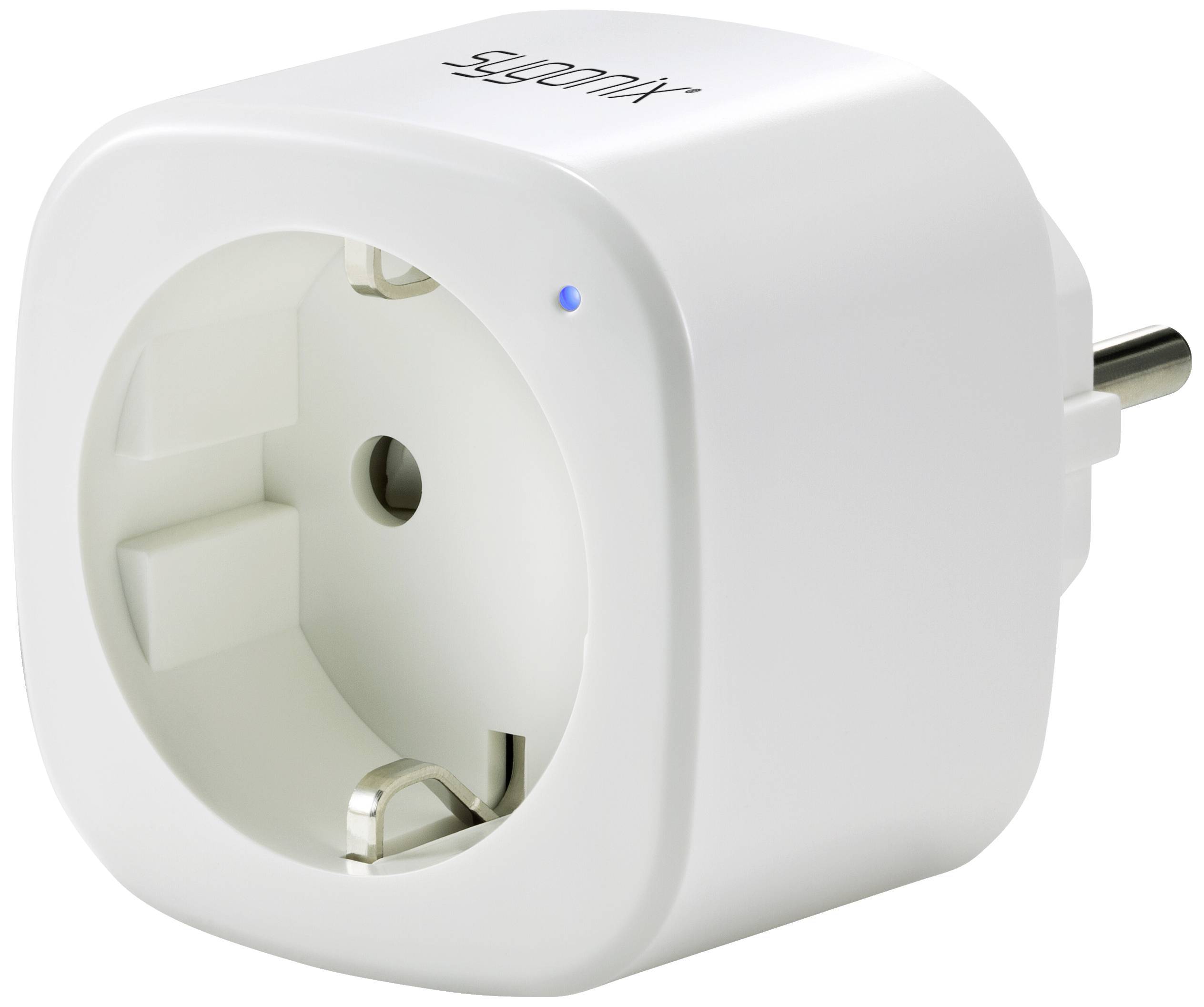 Ein weißer, runder Smart-Stecker mit einem EU-Stecker und einer kleinen blauen LED-Anzeige.