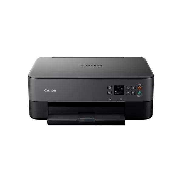 Ein schwarzer Canon Drucker mit einem kleinen Display und Bedientasten vorne. Das Papierfach befindet sich unten.