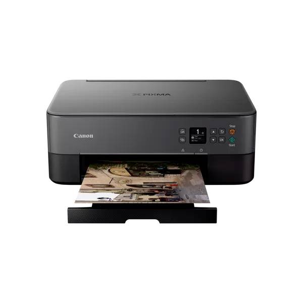 Drucker druckt ein farbiges Foto. Kunststoffgehäuse, Digitalanzeige, Knöpfe für Einstellungen. Markenname auf der Vorderseite.