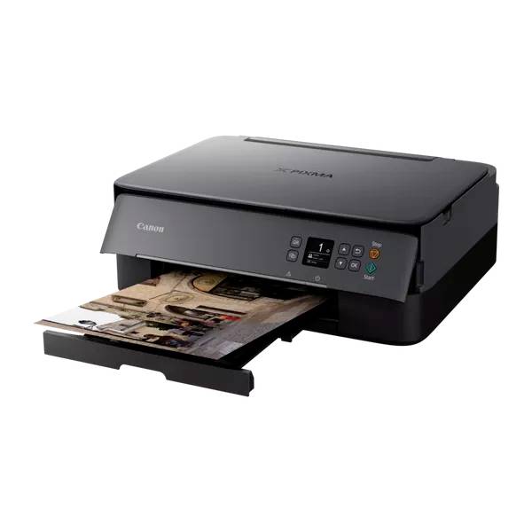 Ein schwarzer Drucker gibt ein farbiges Foto aus. Der Drucker ist ein Canon-Modell, geeignet für den Heim- oder Bürogebrauch.