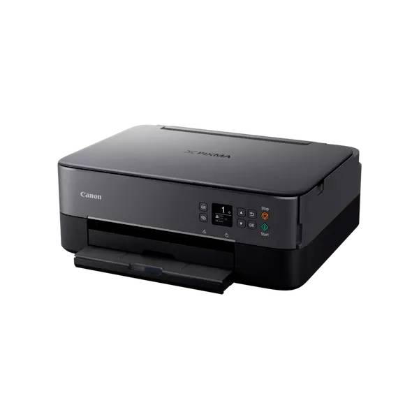 Ein schwarzer Multifunktionsdrucker auf weißem Hintergrund. Er hat ein kleines Bedienfeld mit Tasten und ein Papierausgabefach vorne.