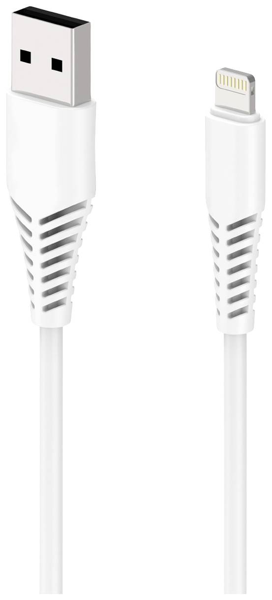 Weißes USB-Kabel mit Lightning-Anschluss, häufig für Apple-Geräte verwendet.