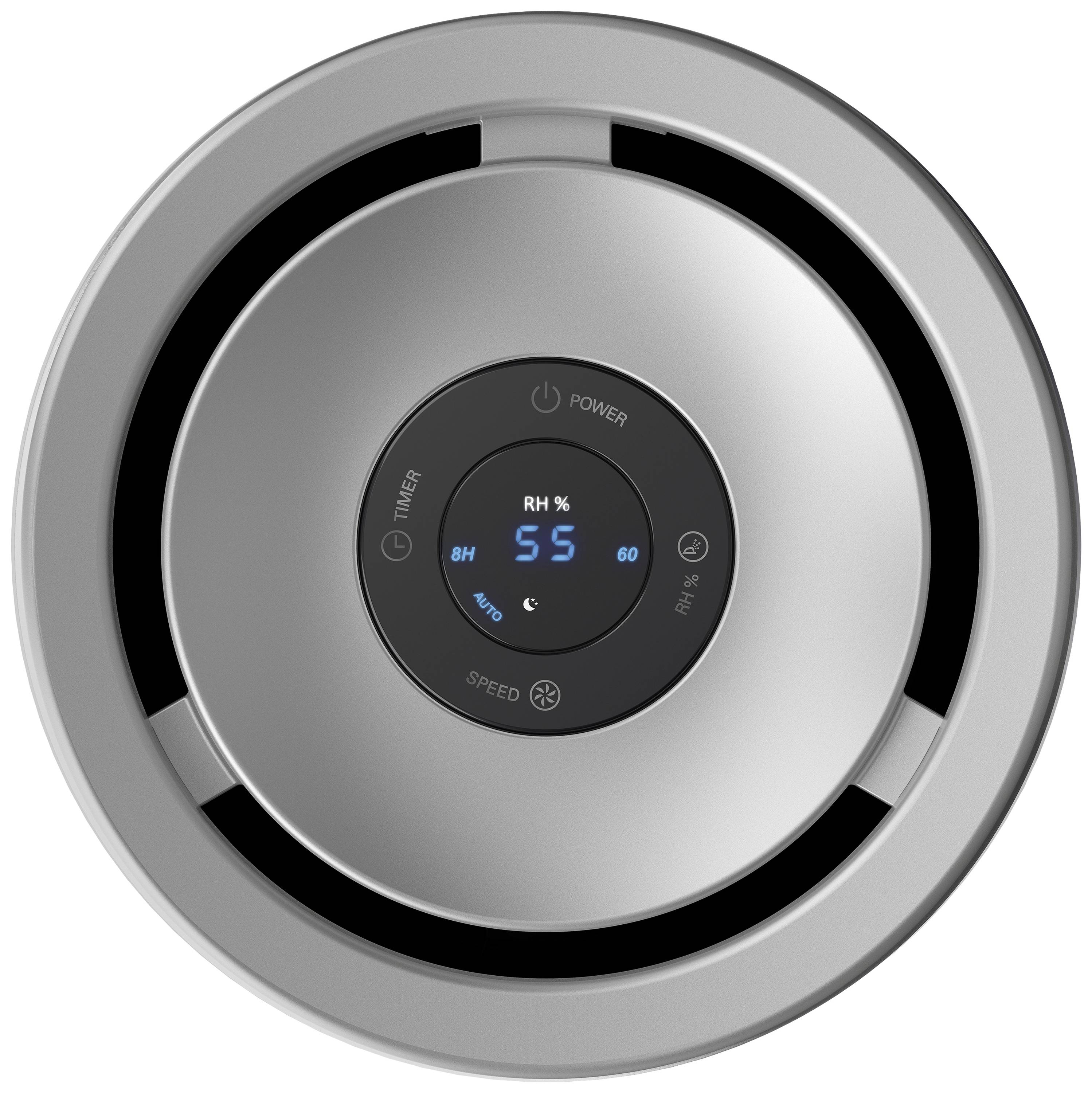 Luftreiniger-Bedienfeld mit digitaler Anzeige. Zeigt 'RH% 55', um die aktuelle Luftfeuchtigkeit anzugeben. Knöpfe für Timer und Geschwindigkeit.