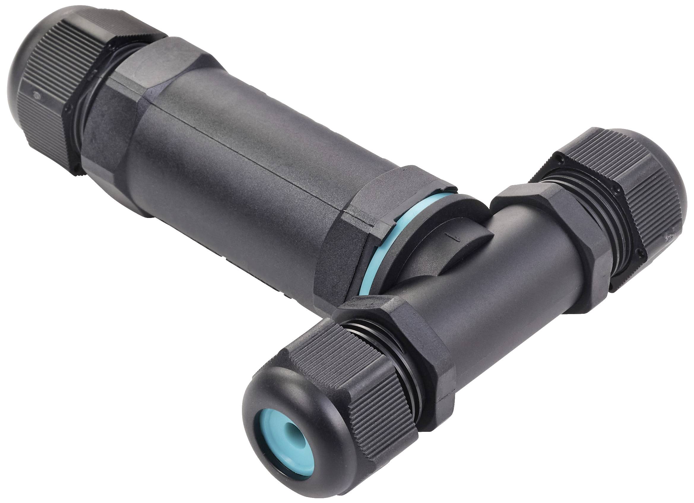 Ein schwarzer T-förmiger Kabelverbinder aus Kunststoff mit blauen Dichtungsringen. Verwendet zur sicheren Verbindung von Kabeln.