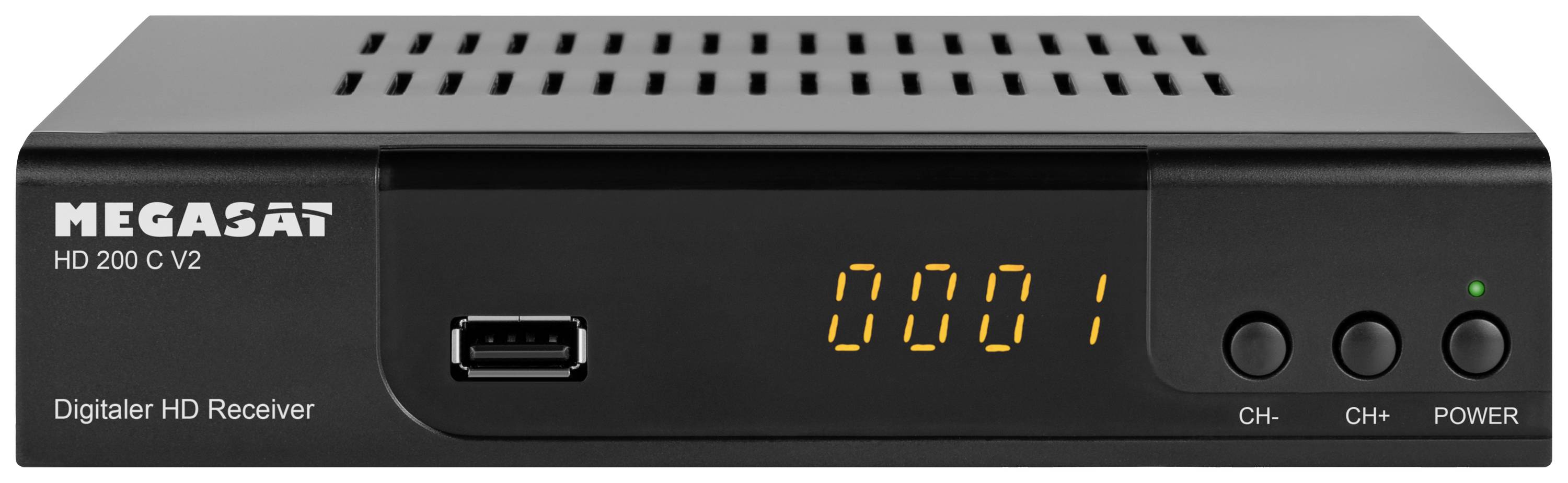 Ein Megasat HD 200 C V2 digitaler HD-Receiver mit USB-Anschluss und LED-Anzeige zeigt '00001'. Tasten für Kanalwechsel und Strom.