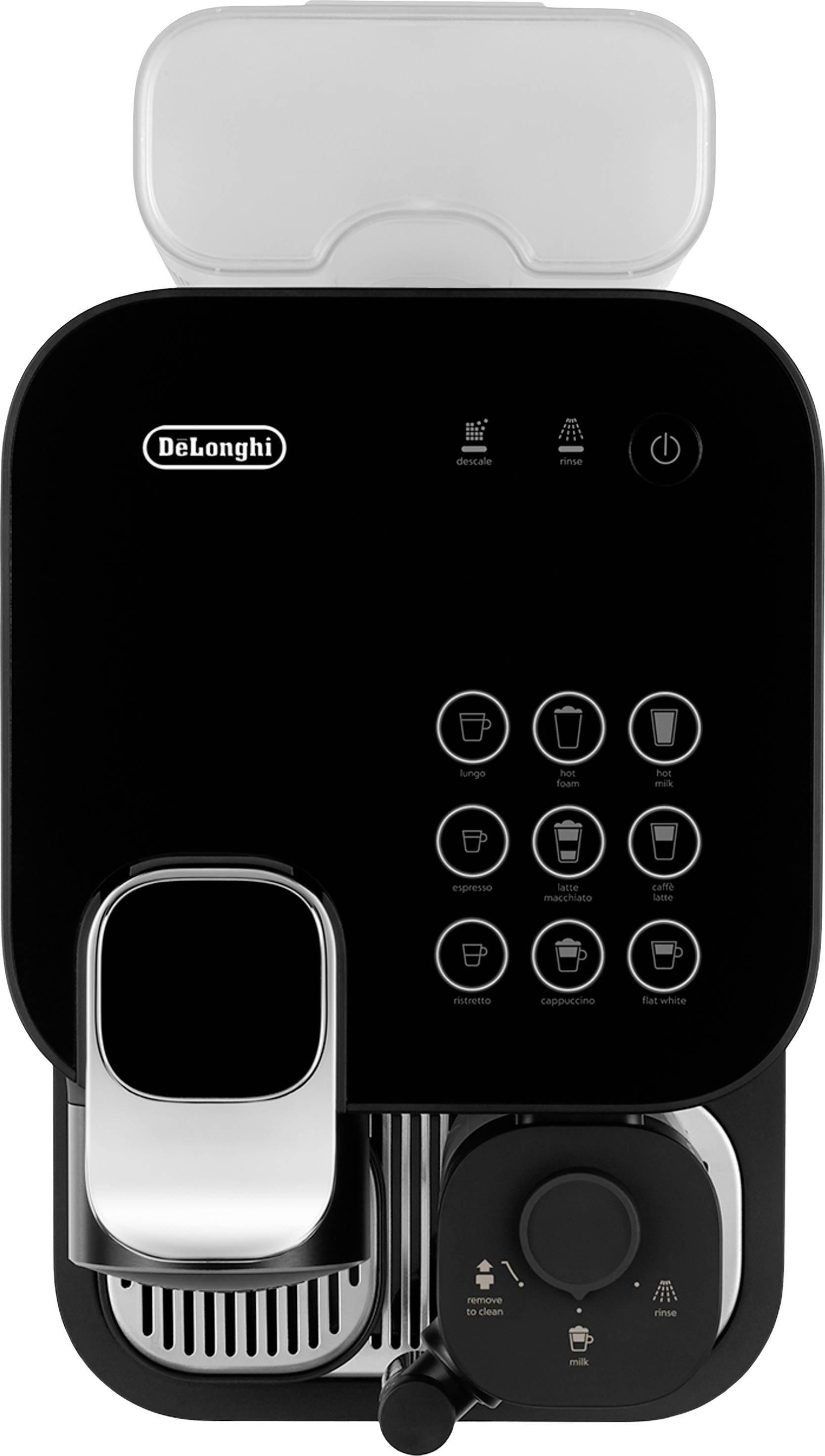 Kaffeemaschine von oben, schwarz, mit Bedienfeld und mehreren Tasten für verschiedene Kaffeeoptionen.