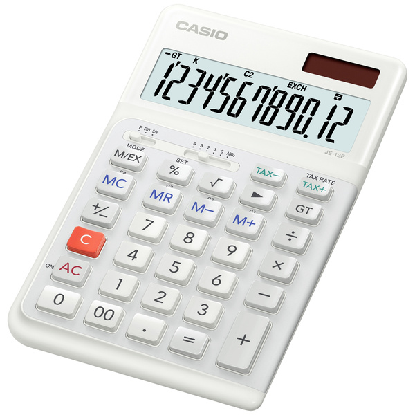 Casio JE-12E-WE Calculatrice de bureau blanc Ecran: 12 à pile(s), solaire (l x H x P) 111 x 178 x 24 mm