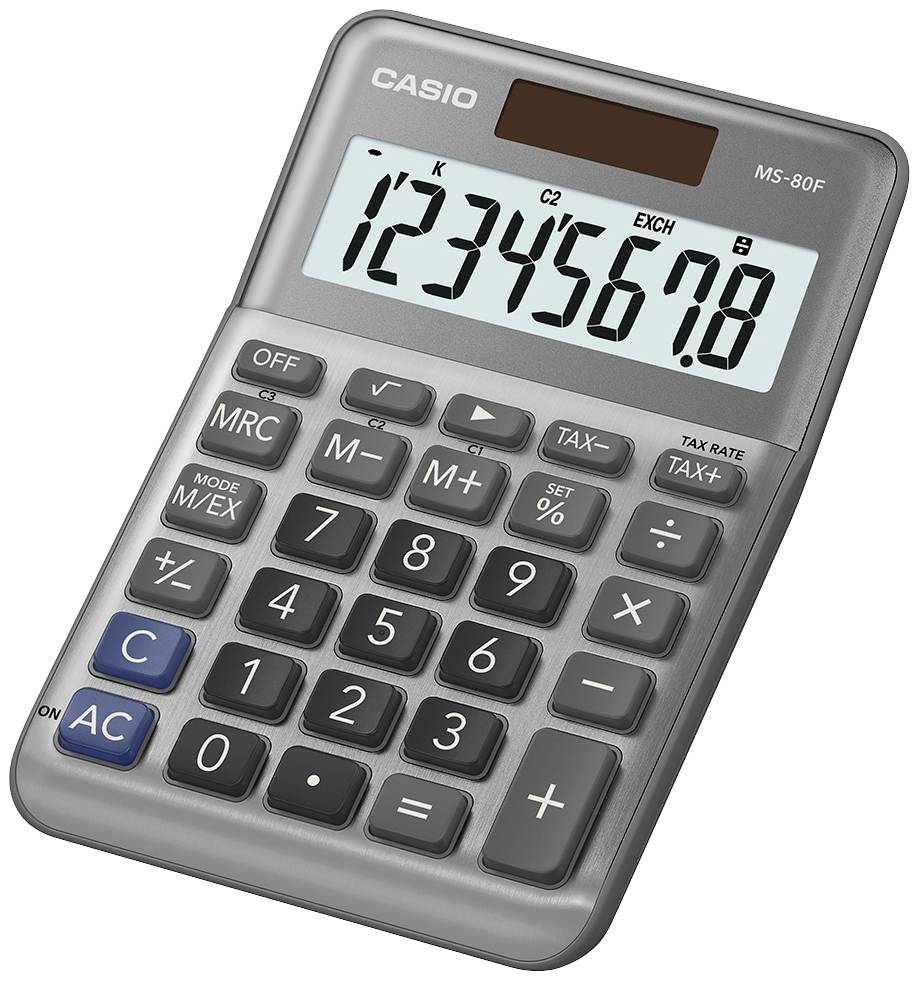 Ein Taschenrechner mit großen Tasten, einschaltbar mit 'ON/AC', zeigt eine Zahlenreihe '12345678' auf dem Display an.