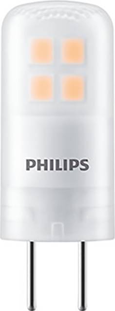 Eine weiße LED-Lampe von Philips mit vier leuchtenden Bereichen und zwei Metallstiften unten, geeignet für elektronische Geräte.