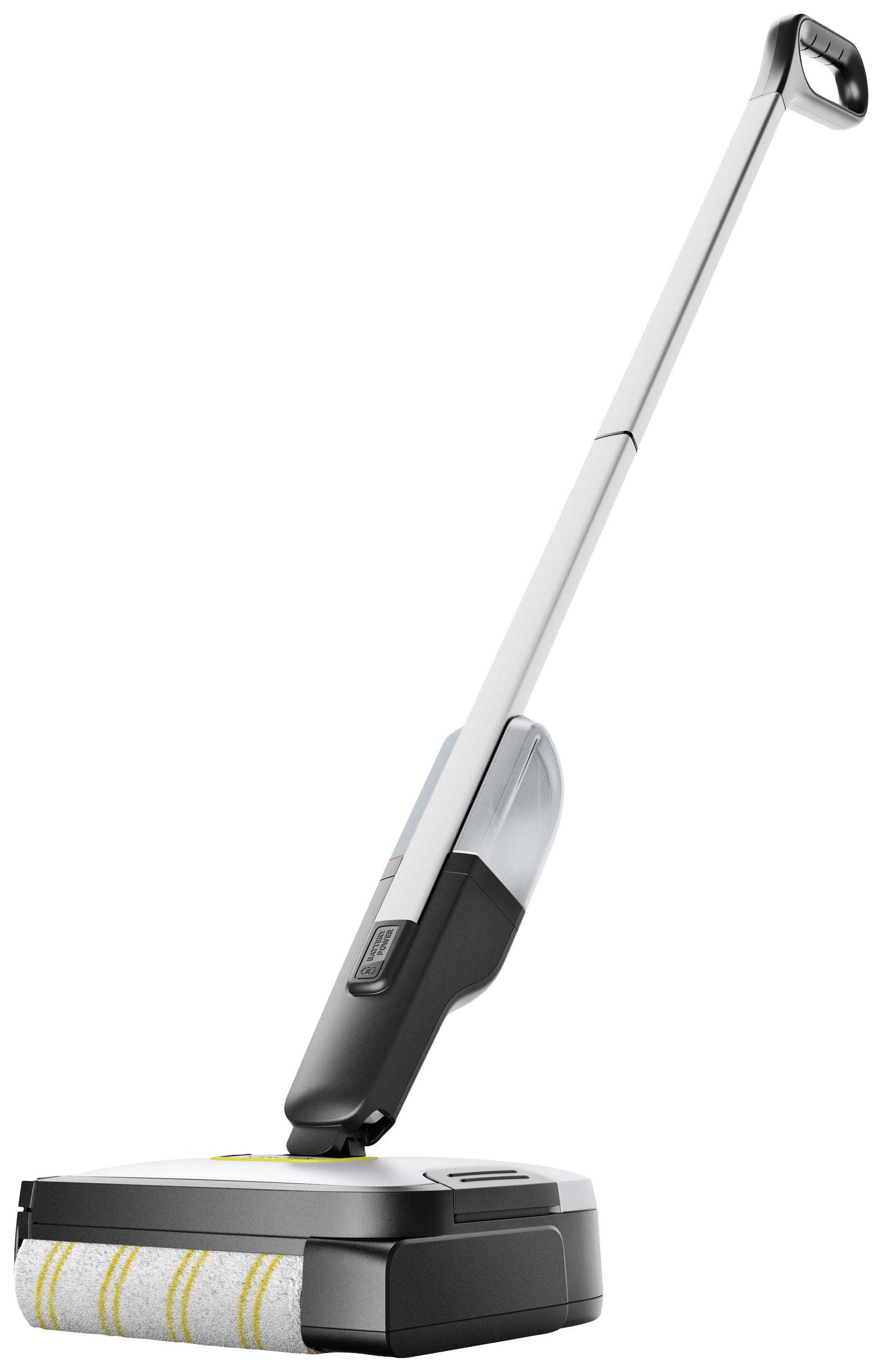 Ein kabelloser elektrischer Bodenreiniger mit langem Griff und Walzenbürste, ideal für die Reinigung von Hart- und Teppichböden.