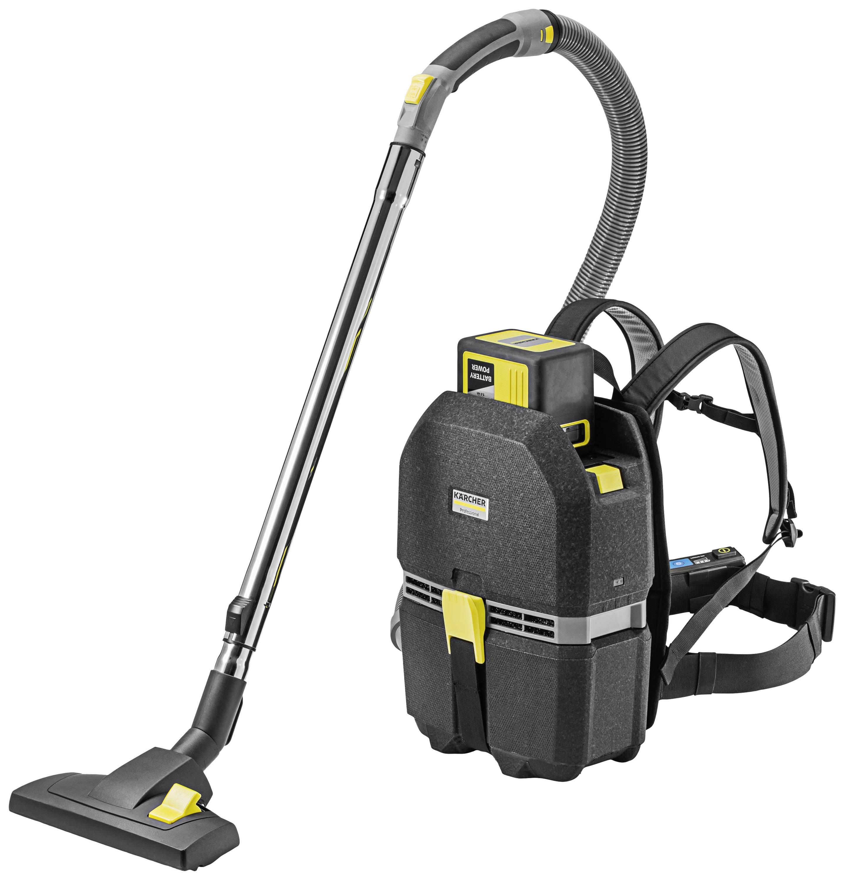 Ein industrieller Rucksack-Staubsauger mit Aufsätzen und verstellbaren Schultergurten. Designed für professionelle Reinigungsarbeiten.