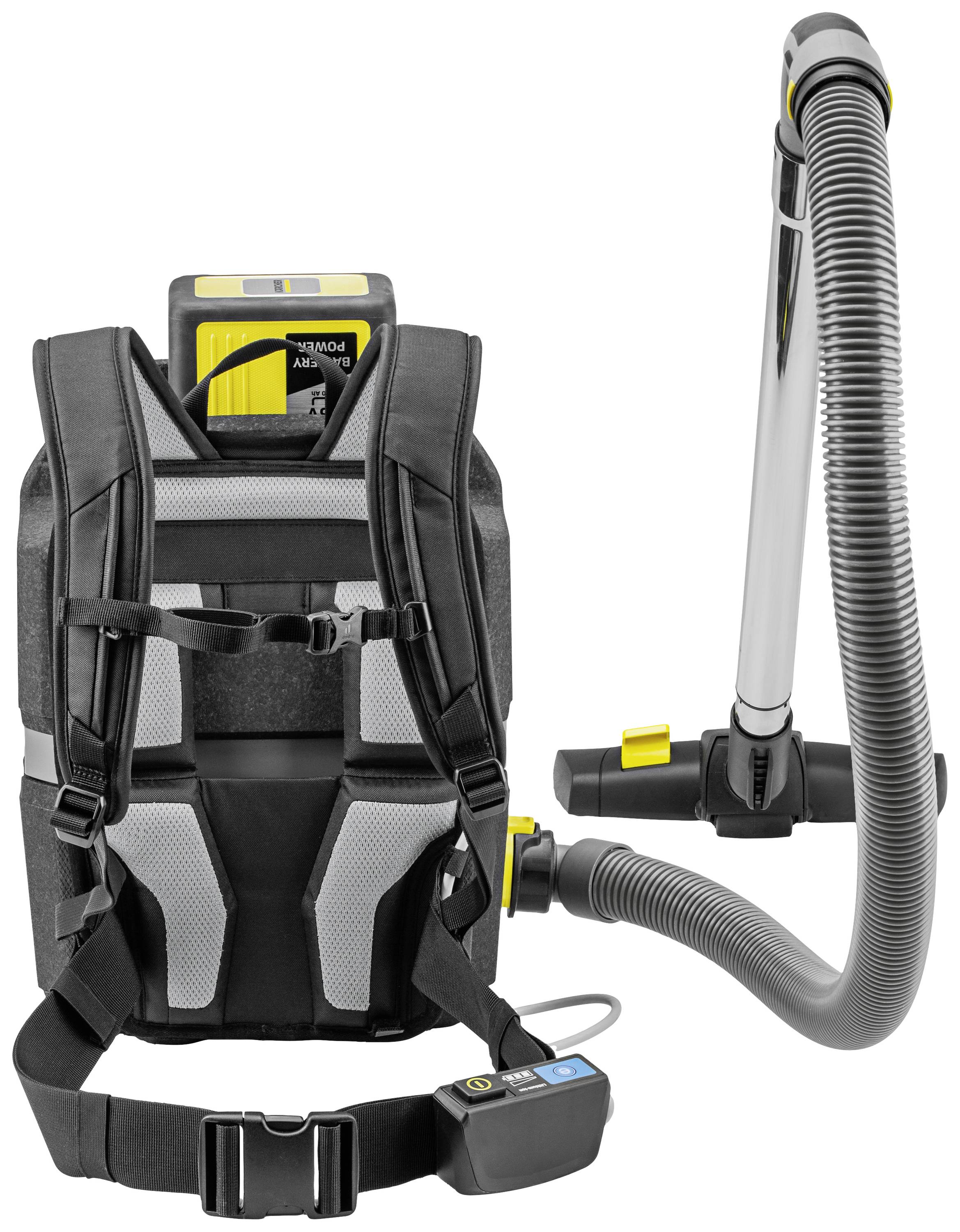 Tragbarer Rucksackstaubsauger mit flexiblem Saugschlauch, ergonomischen Trägern und Steuerungselementen. Ideal für mobile Reinigung.