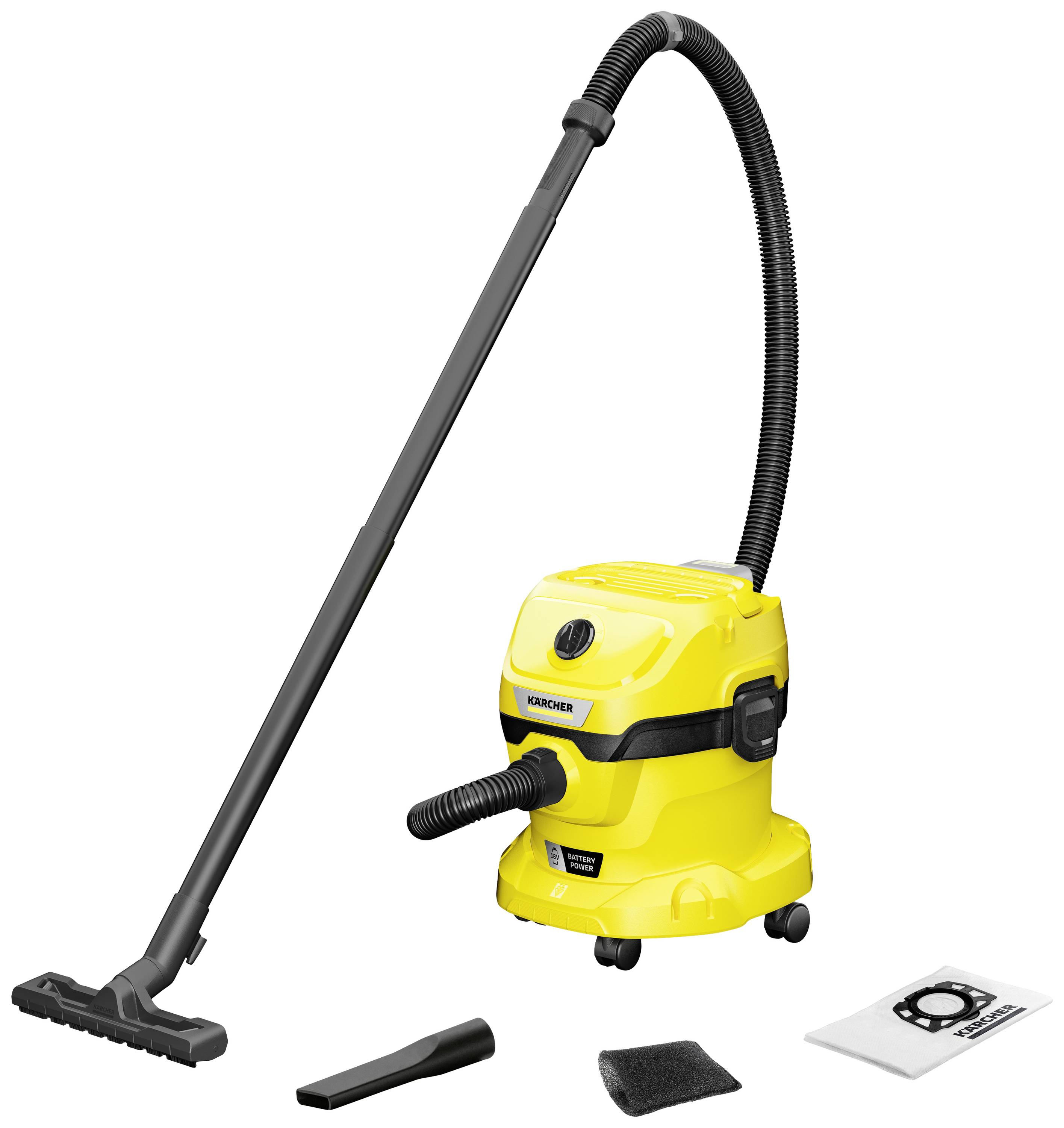 Ein gelber Staubsauger mit Zubehör: Bodendüse, Fugendüse, Filterschaum und Staubbeutel.