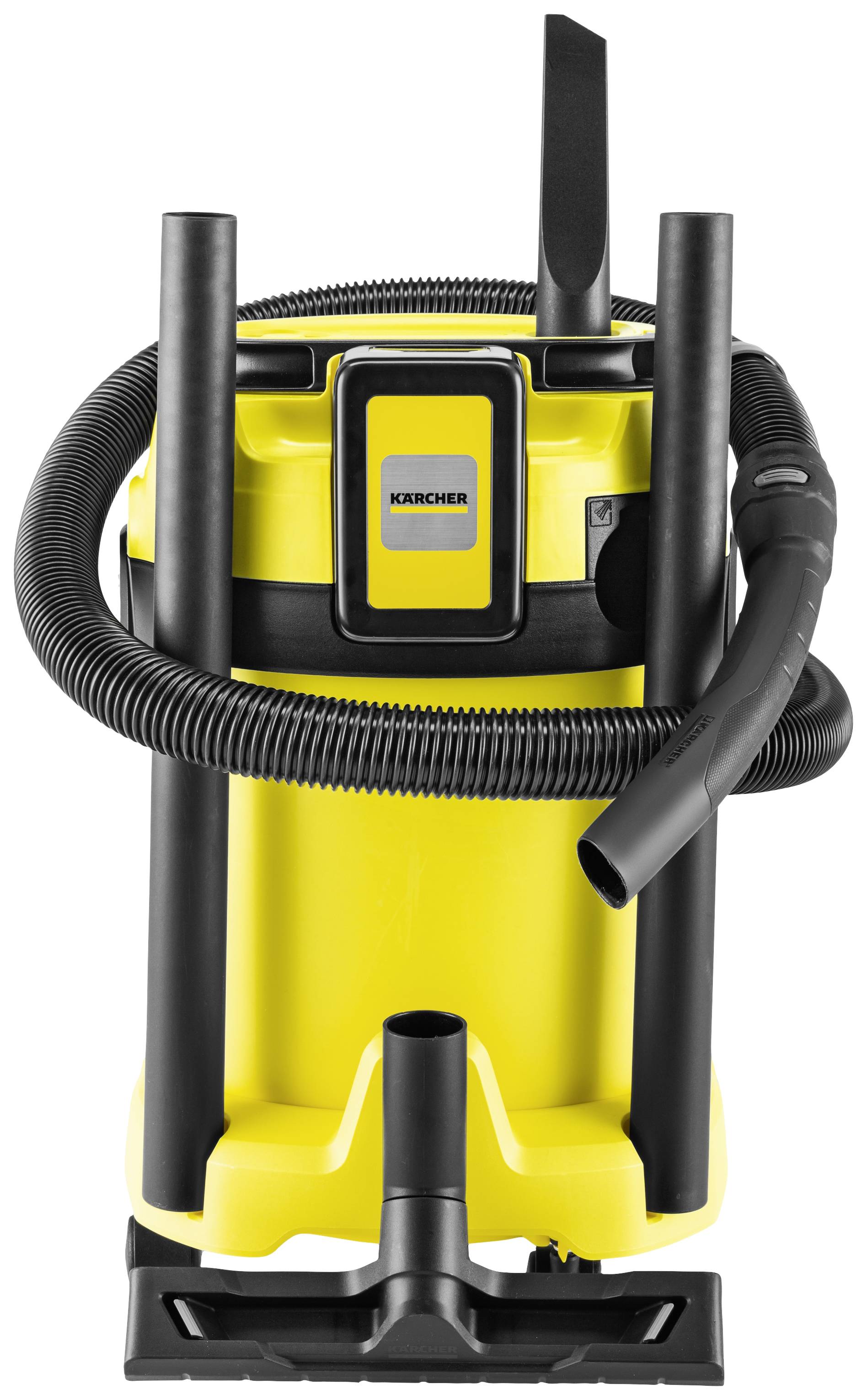 Ein gelber Industriestaubsauger mit schwarzem Schlauch und Zubehör. Markiert mit 'Kärcher' auf der Vorderseite.