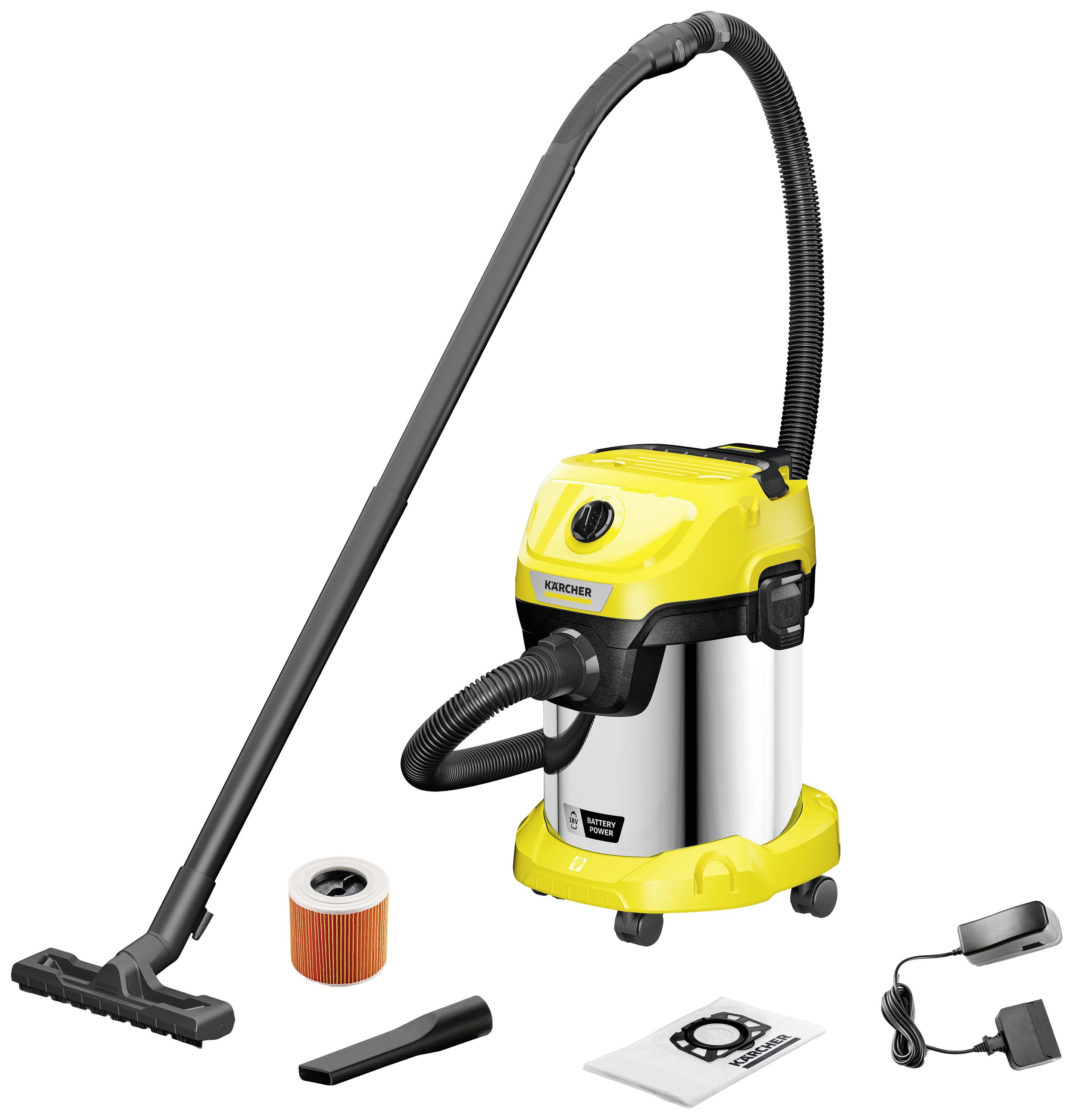 Ein gelber Nass-/Trockensauger mit Zubehörteilen, darunter eine Bodendüse, ein Filter, ein Düsenaufsatz, ein Staubbeutel und ein Kabel.