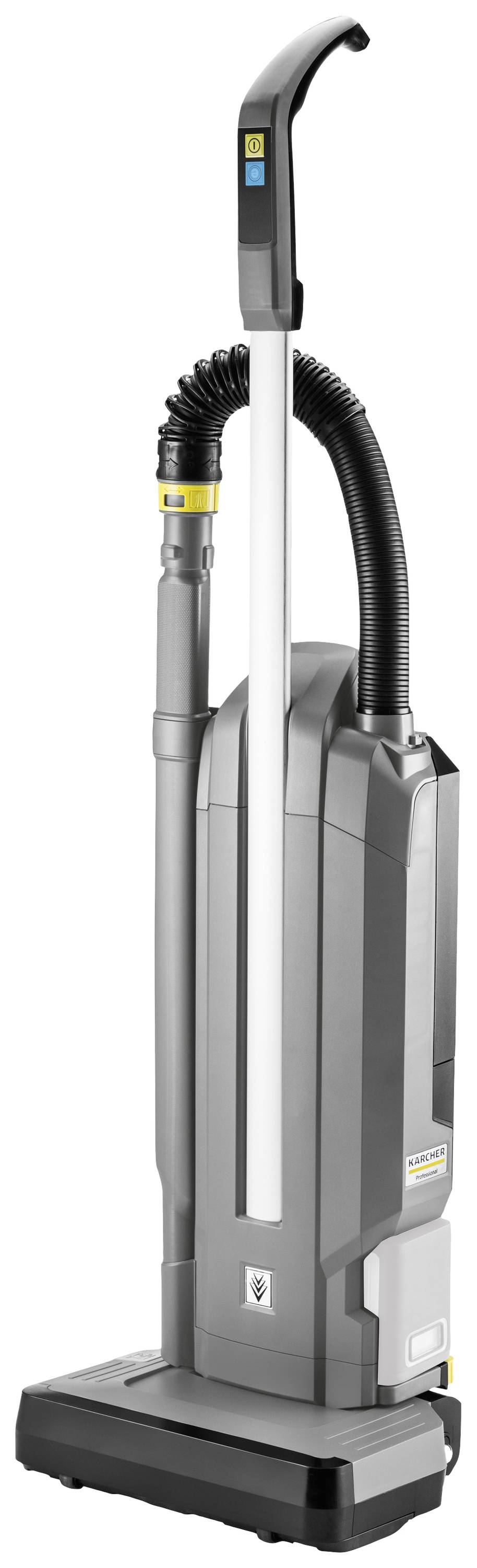 Ein aufrecht stehender grauer Staubsauger mit schlankem Design und flexiblem Schlauch.