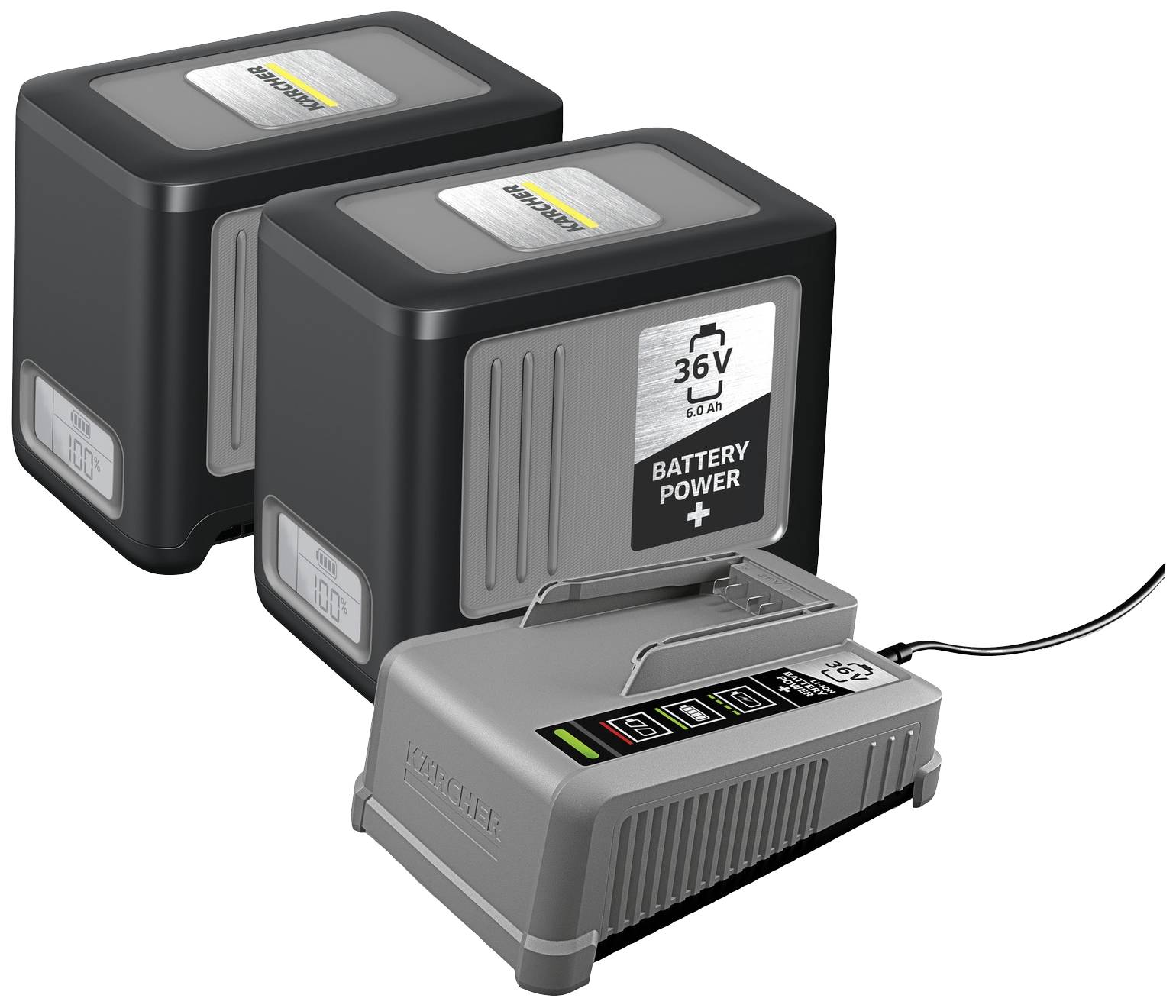 Zwei schwarze Batterien mit der Aufschrift '36V 6.0 Ah BATTERY POWER +' stehen neben einem angeschlossenen Ladegerät von Kärcher.