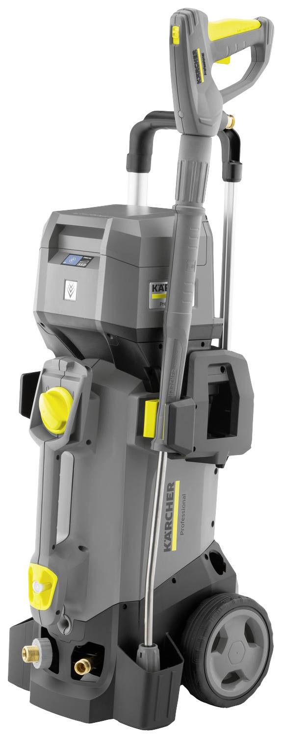 Grauer Hochdruckreiniger mit gelben Akzenten auf Rädern, mit Griff und Spritzpistole montiert.