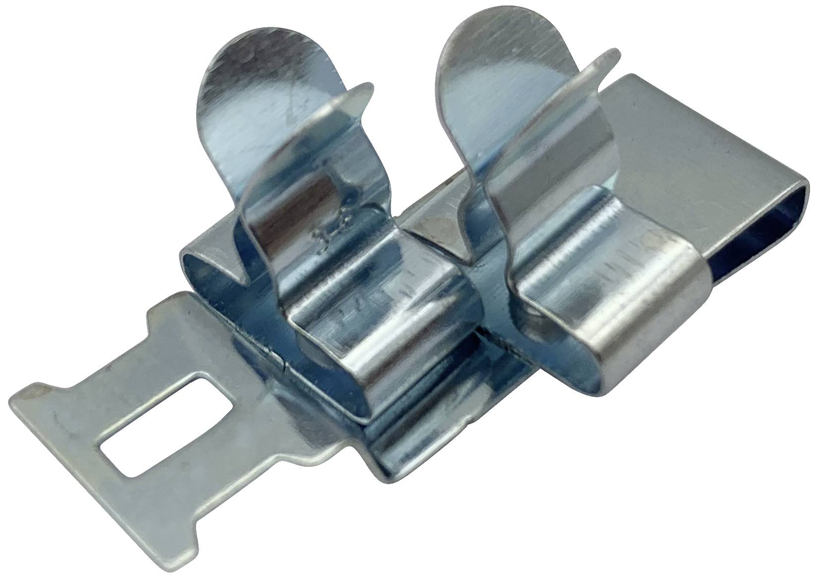 Metallklammer mit zwei gebogenen Clips und rechteckigem Befestigungsloch, geeignet zur Befestigung an einer Oberfläche.