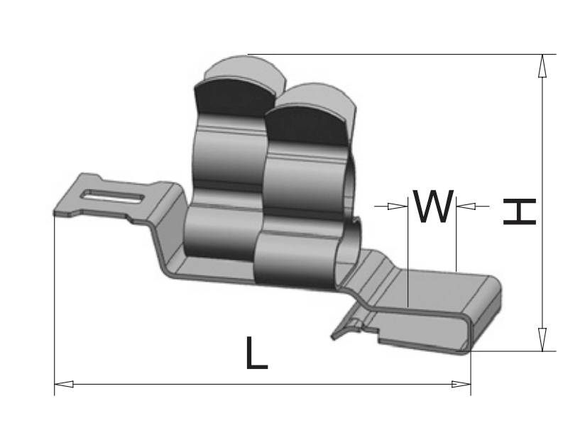 Metallclip mit Längen- (L), Breiten- (W) und Höhenangaben (H). Zwei aufrechte Clips für Befestigung, seitliche Lasche links.