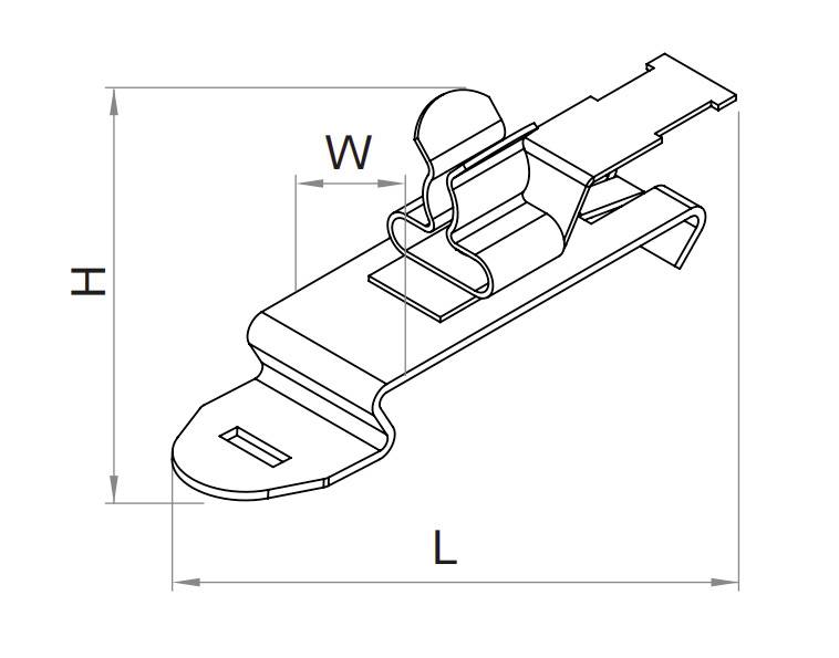 Technische Zeichnung eines Metallklipps mit Abmessungen: Länge (L), Breite (W), Höhe (H). Der Klipp hat eine gebogene Form.