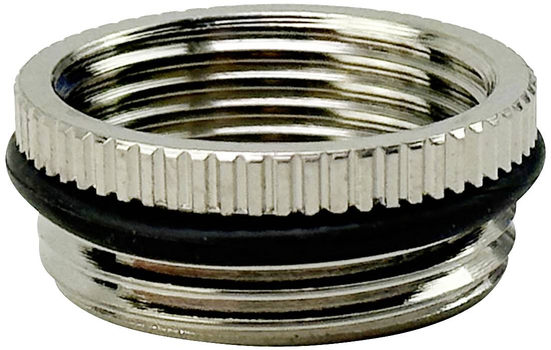 Ein silberner Metalladapter mit geriffeltem Rand und einem schwarzen Gummiring. Verwendet für Verbindungen, etwa in Sanitäranlagen.