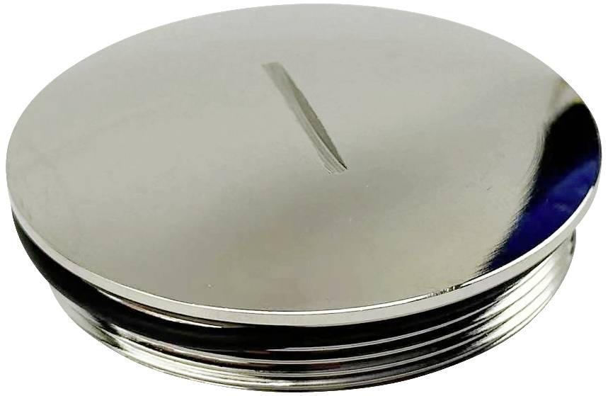 Metallscheibe mit eingravierter Linie, glänzende Oberfläche, möglicherweise ein Ventil- oder Abdeckungsdeckel, vor weißem Hintergrund.