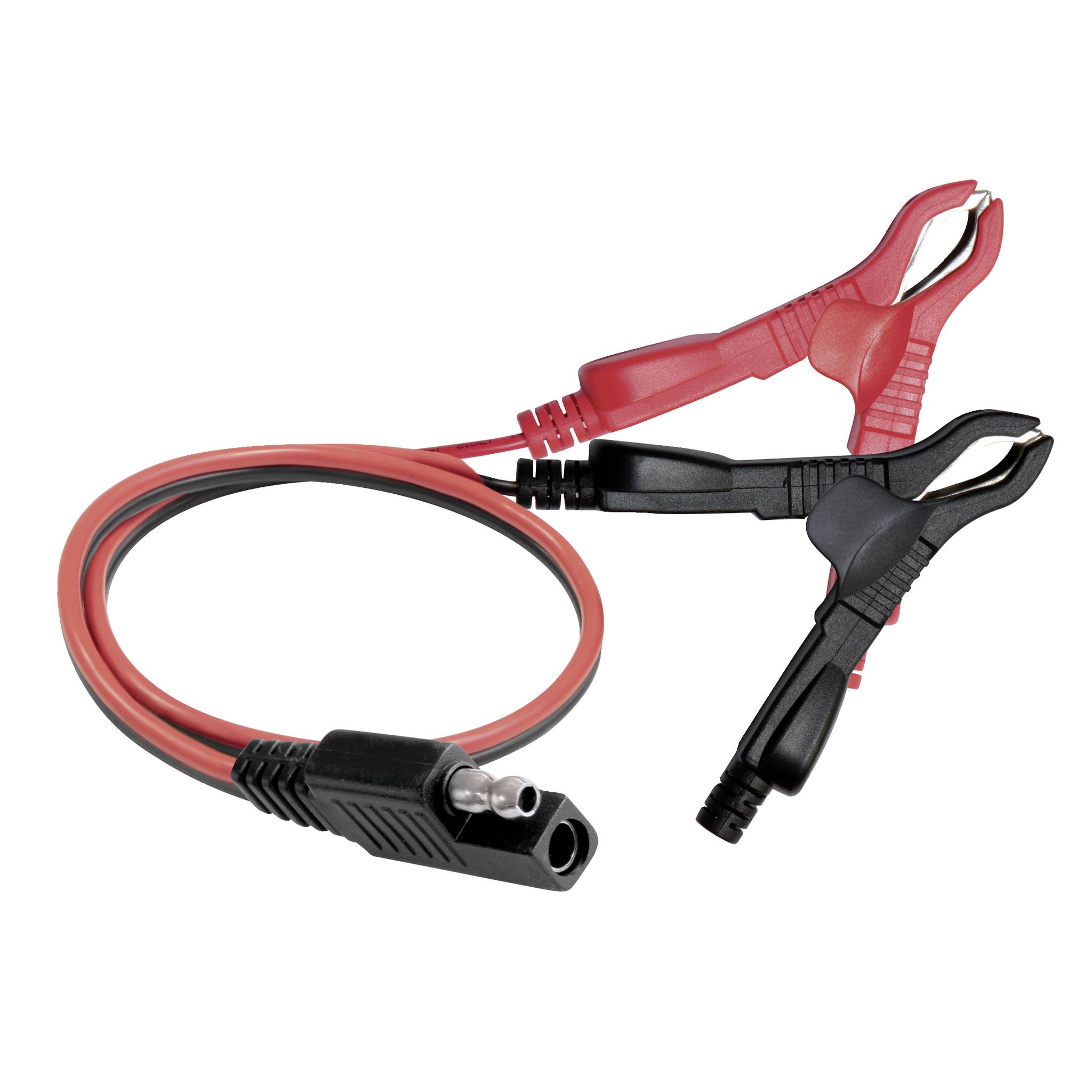 Ein rotes und ein schwarzes Batteriekabel mit Krokodilklemmen und einem Steckerende, für den Anschluss an ein elektrisches Gerät.