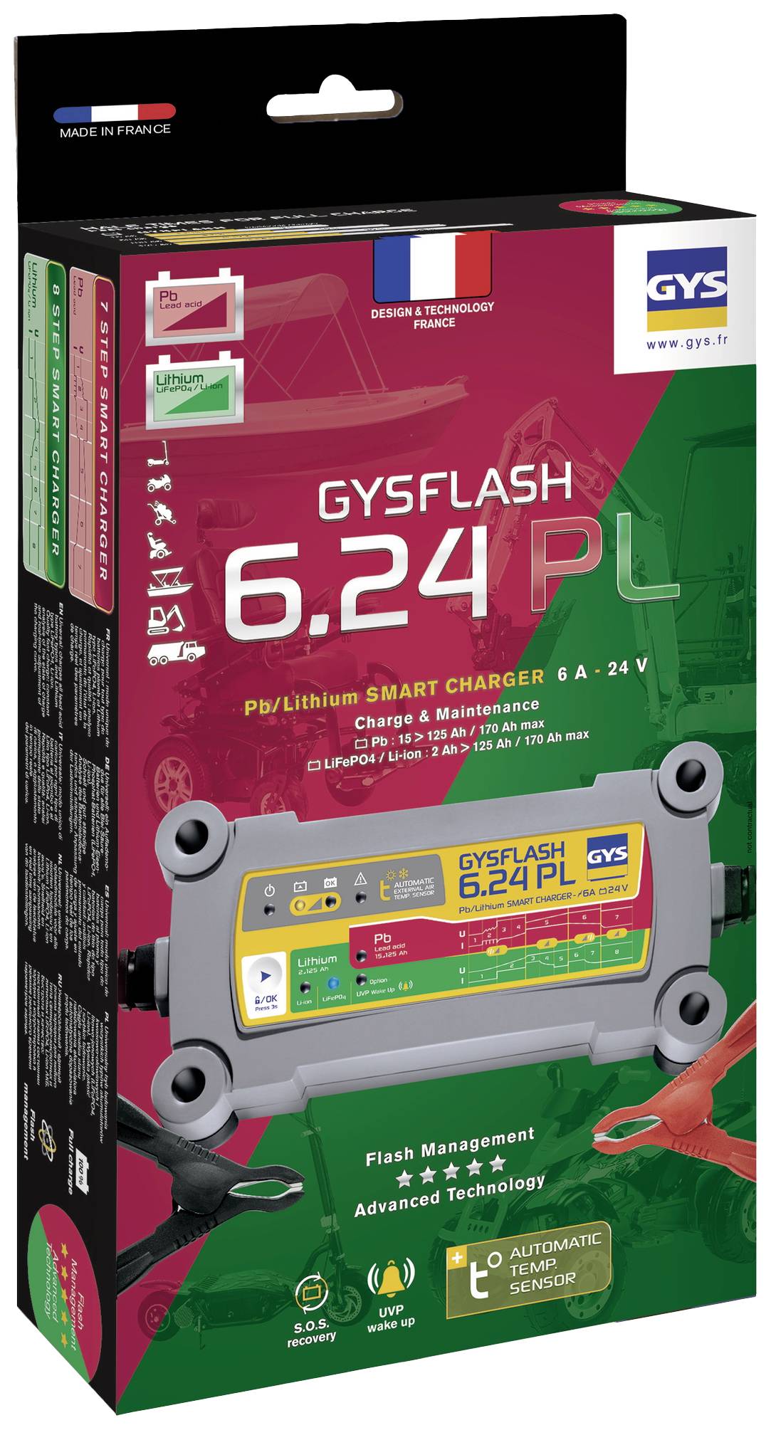 Verpackung des Gysflash 6.24 PL Ladegeräts, zeigt das Gerät und betont intelligente Ladefunktionen für 6-24V Batterien.