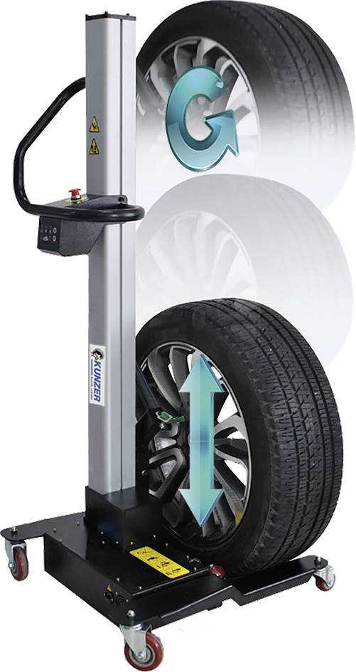 Ein automatisiertes Reifenmontagegerät hebt und dreht ein Autoreifen mit Pfeilen, die die Drehrichtung und Bewegung nach oben zeigen.