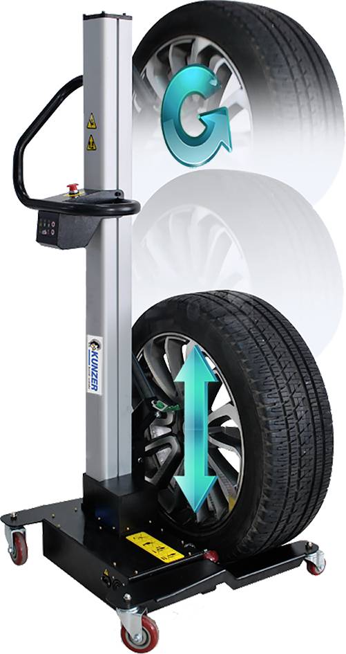 Reifenmontiermaschine mit senkrechter Hebe- und Drehfunktion, zeigt ein Rad, das vertikal angehoben und gedreht wird.