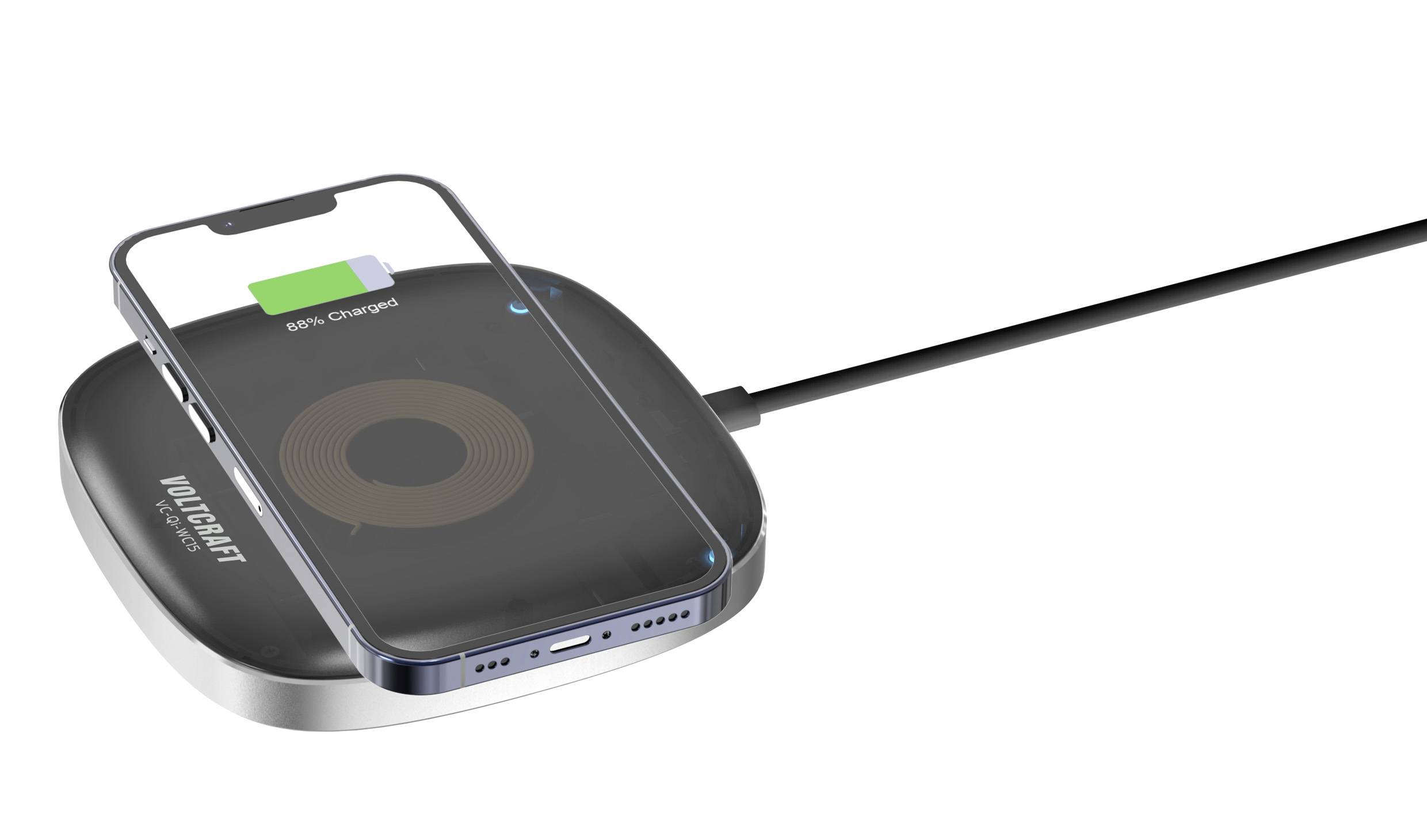 Ein Smartphone wird drahtlos auf einem Ladegerät geladen, zeigt 80% Ladestatus.