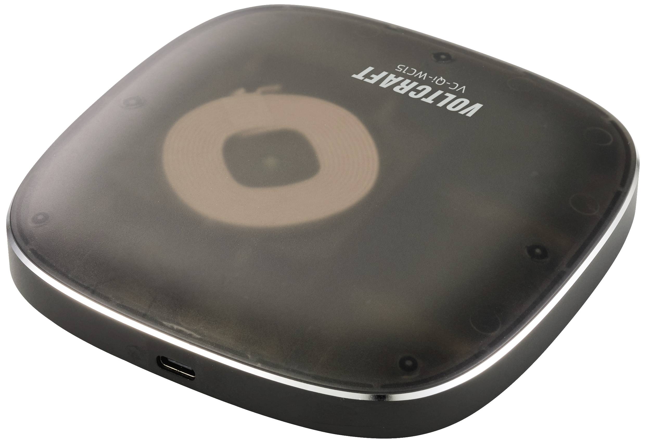 Kabelloses Ladegerät mit transparenter Abdeckung, zeigt Ladespule innen. Schwarzes, quadratisches Design mit USB-C-Anschluss.