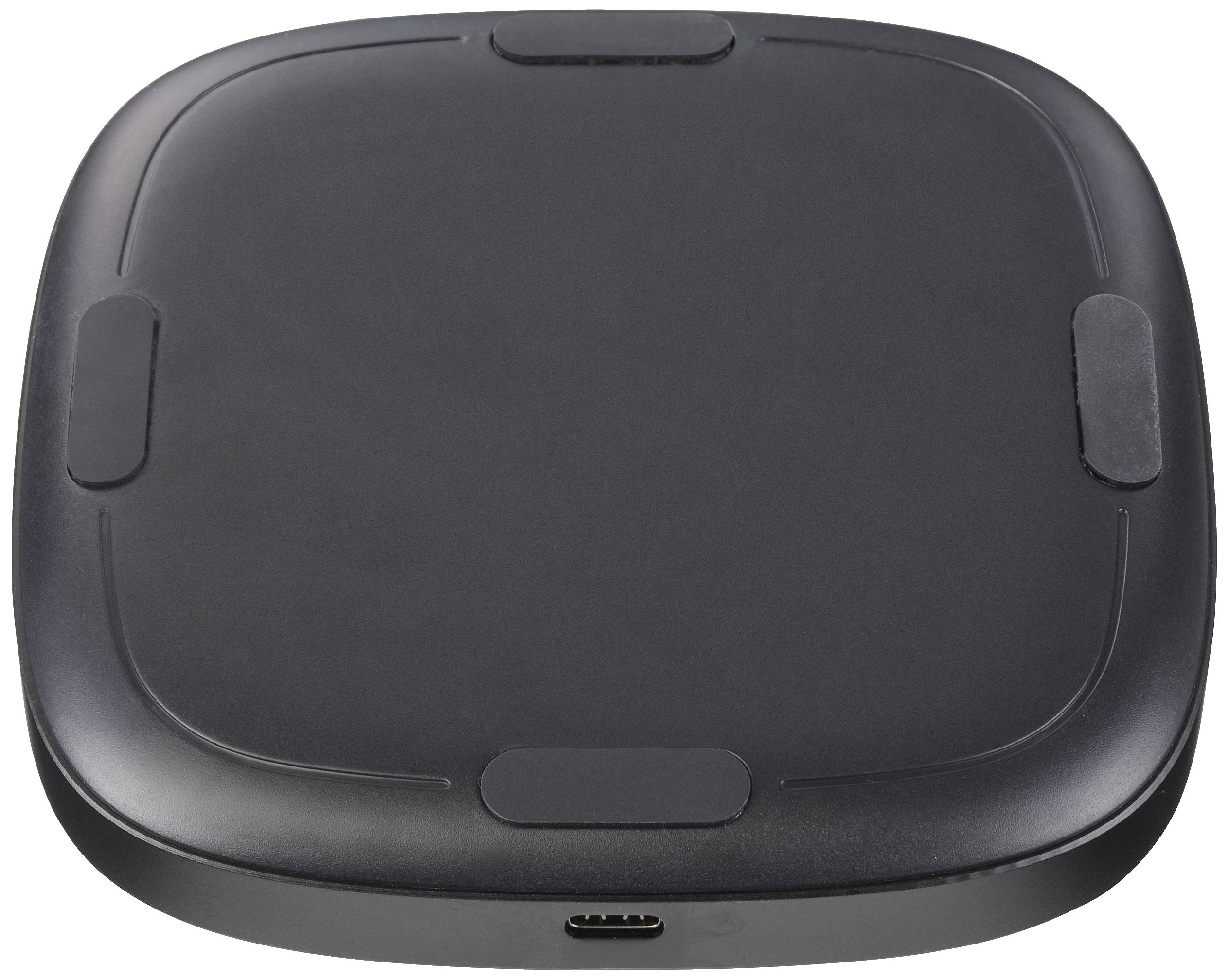 Ein schwarzes, quadratisches, flaches Gerät mit abgerundeten Ecken und einem USB-Anschluss an der Unterseite.