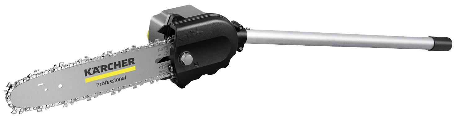 Ein elektrischer Hochentaster von Kärcher vorgestellt, mit schmalem Schwert und silbernem Metallgriff, für professionelle Anwendungen.