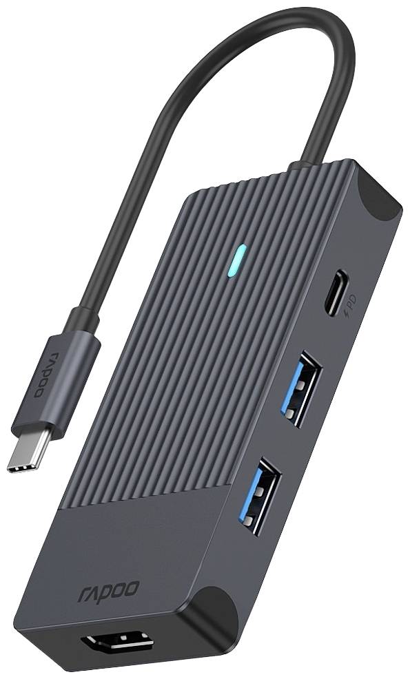 USB-C-Hub mit schwarzem Gehäuse, zwei USB-Ports, HDMI-Anschluss und einem USB-C-Anschluss, geeignet für Erweiterung von Geräten.