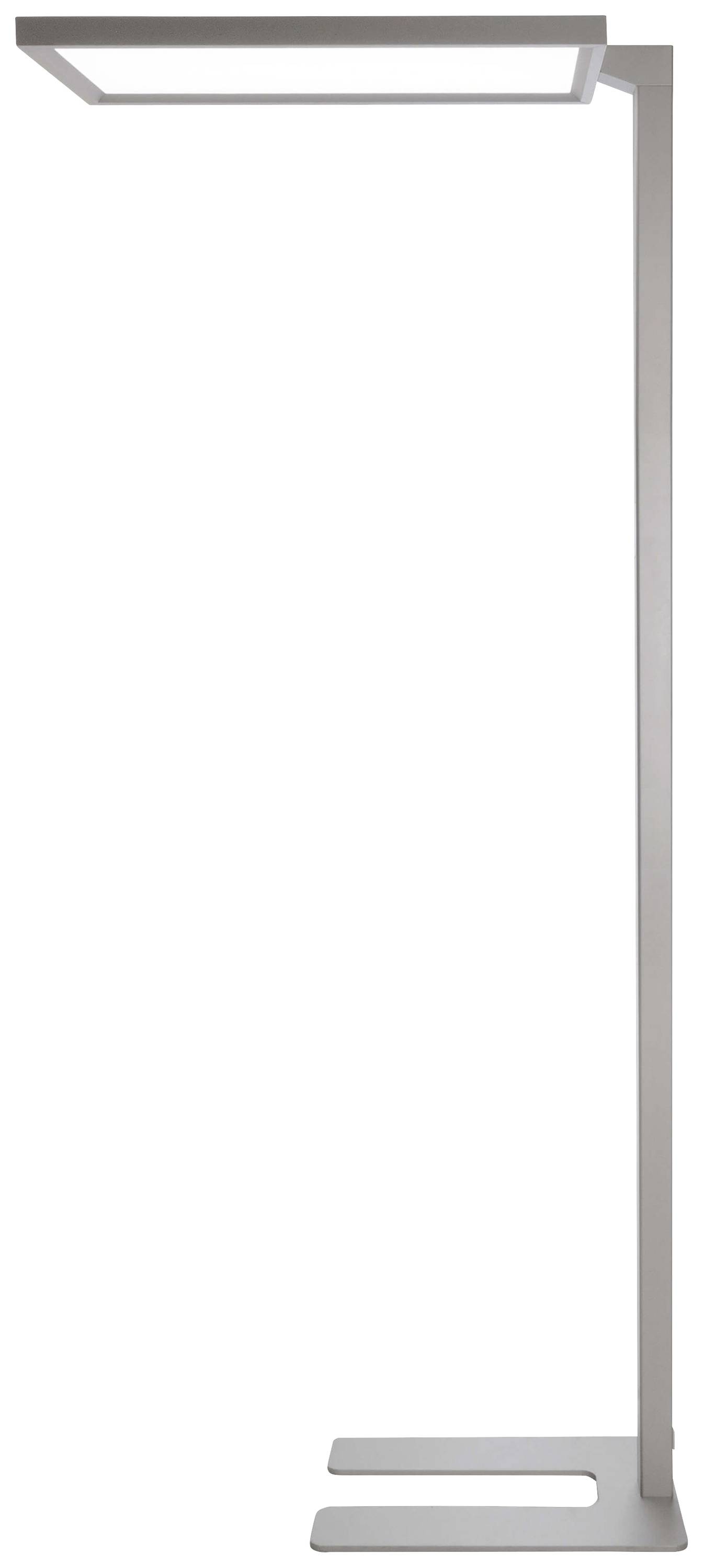 Stehleuchte mit modernem, minimalistischem Design in Silber, rechteckigem Kopf und schmalem Standfuß. Ideal für Büro oder modernes Wohnzimmer.