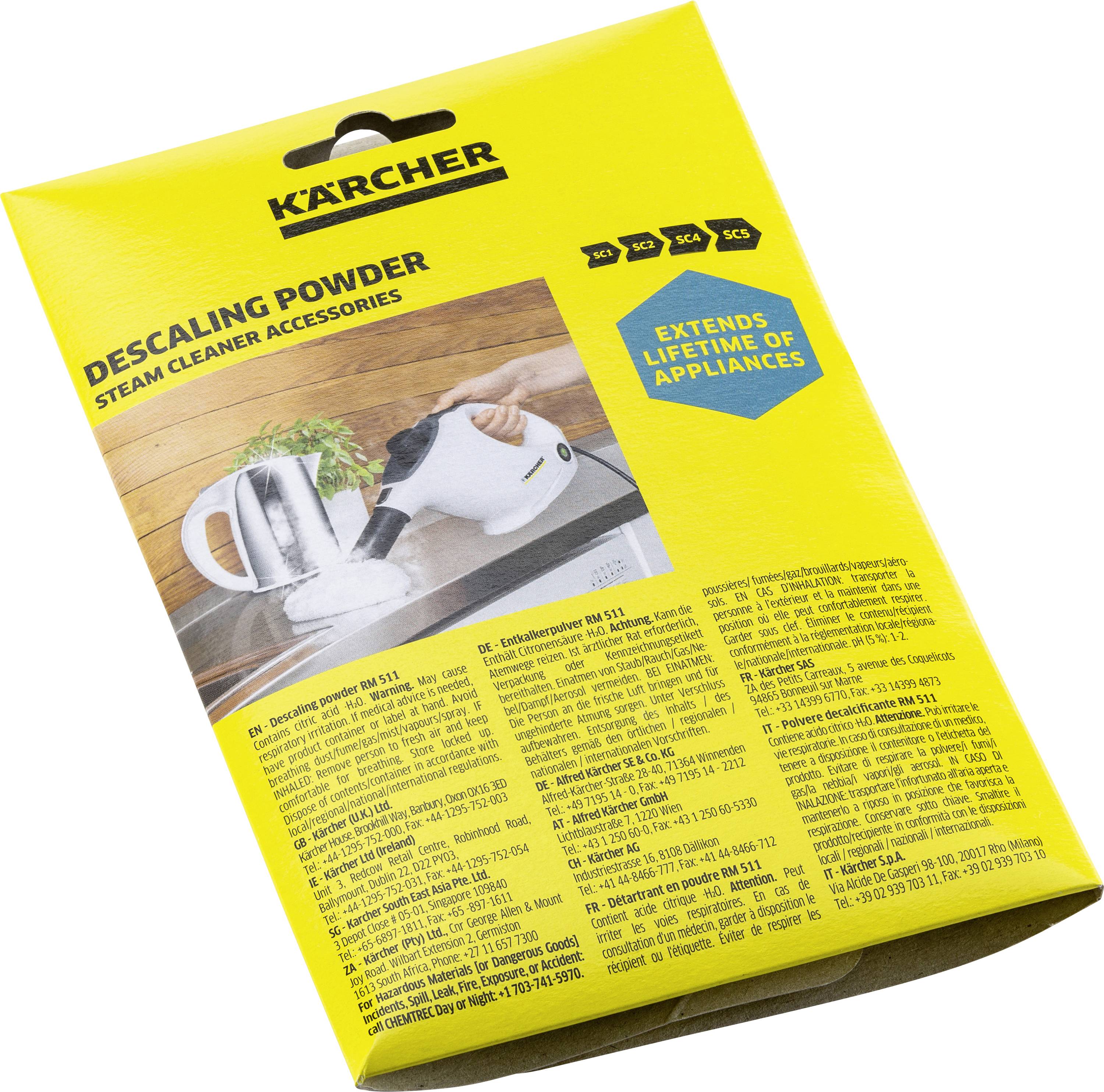 Drei Packungen Kärcher Entkalkerpulver für Dampfreiniger, gelbes und schwarzes Design, 17g pro Packung, in weißer Verpackung.