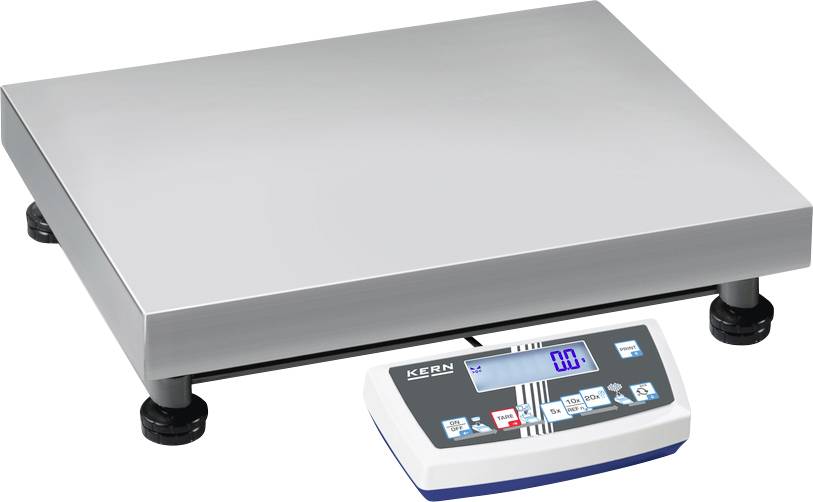 Eine elektronische Plattformwaage mit digitaler Anzeige zeigt '0,0' an. Die Waage hat eine Metalloberfläche und stabile Standfüße.