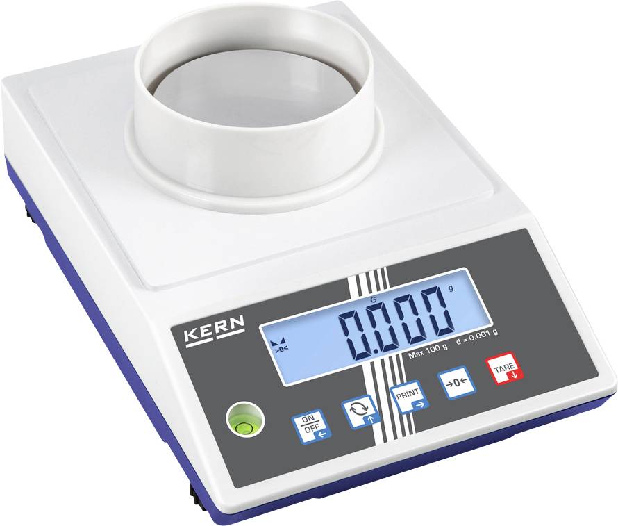 Elektronische Waage der Marke Kern mit digitaler Anzeige, zeigt '0.000 g'. Tasten für Ein/Aus, Tarierung und weitere Funktionen.