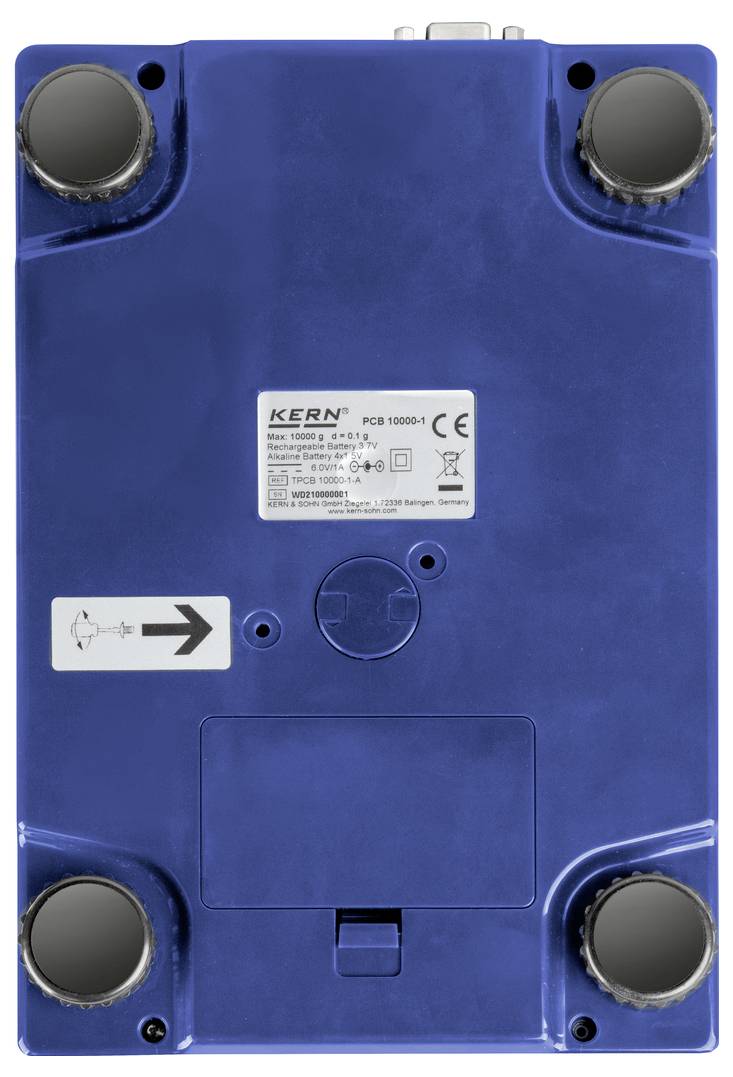 Blauer Boden einer Waage mit vier runden Füßen an den Ecken und einem Etikett in der Mitte mit der Aufschrift 'Kern PCB 10000-1'.