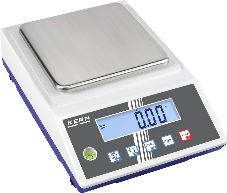 Elektronische Waage mit digitaler Anzeige, zeigt '0,00 g' an. Bedienelemente für Ein/Aus, Tarierung und Kalibrierung vorhanden.